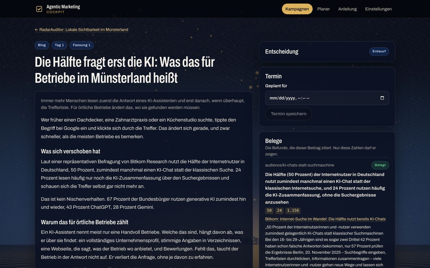 Beitrag der App: links der Blogtext, rechts die Belege mit Quelle Bitkom und dem geprüften Satz