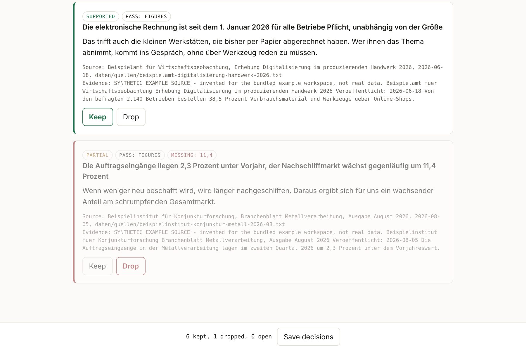 Prüfseite des Befehls review: ein belegter Befund mit Behalten, der Befund mit der fehlenden 11,4 mit Verwerfen