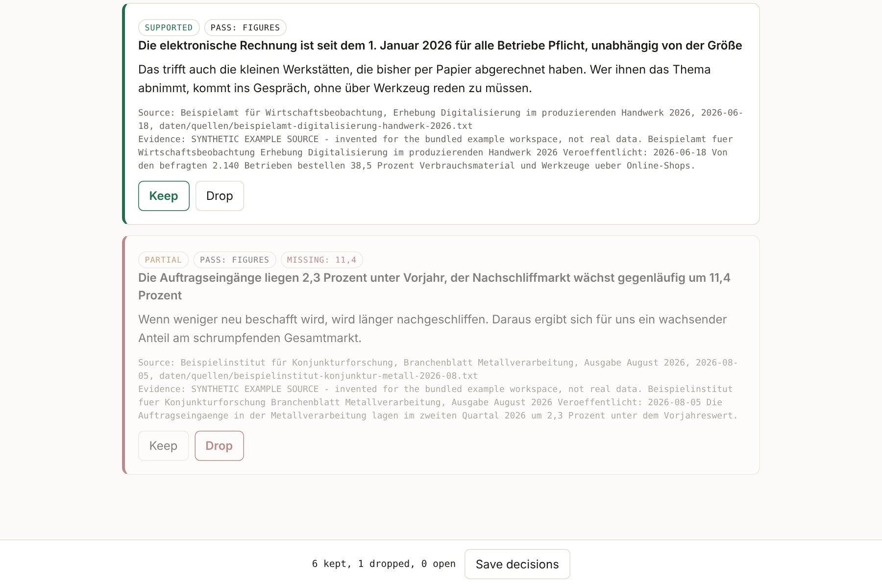 Prüfseite: belegter Befund wird behalten, Befund mit fehlender Zahl 11,4 wird verworfen