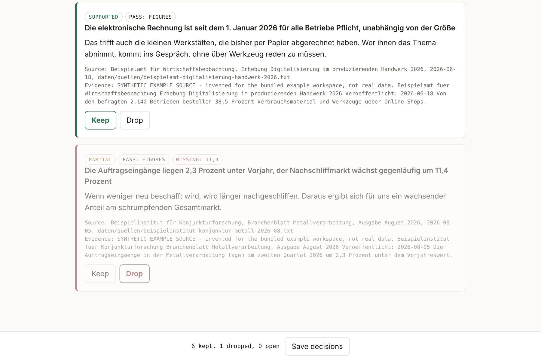 Prüfseite des Werkzeugs: ein belegter Befund wird behalten, ein Befund mit einer Zahl, die in keiner Quelle steht, wird verworfen
